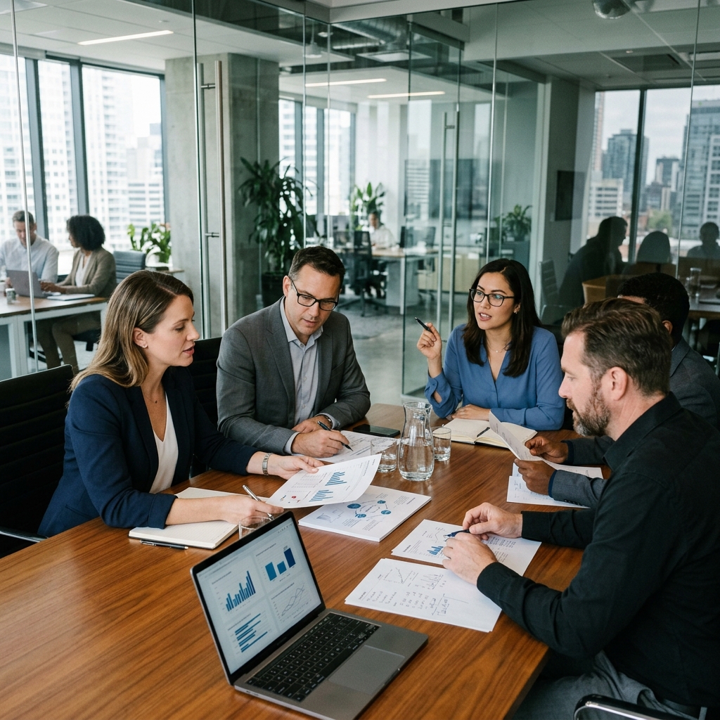 Business team discussing documents in a modern glass-walled conference room