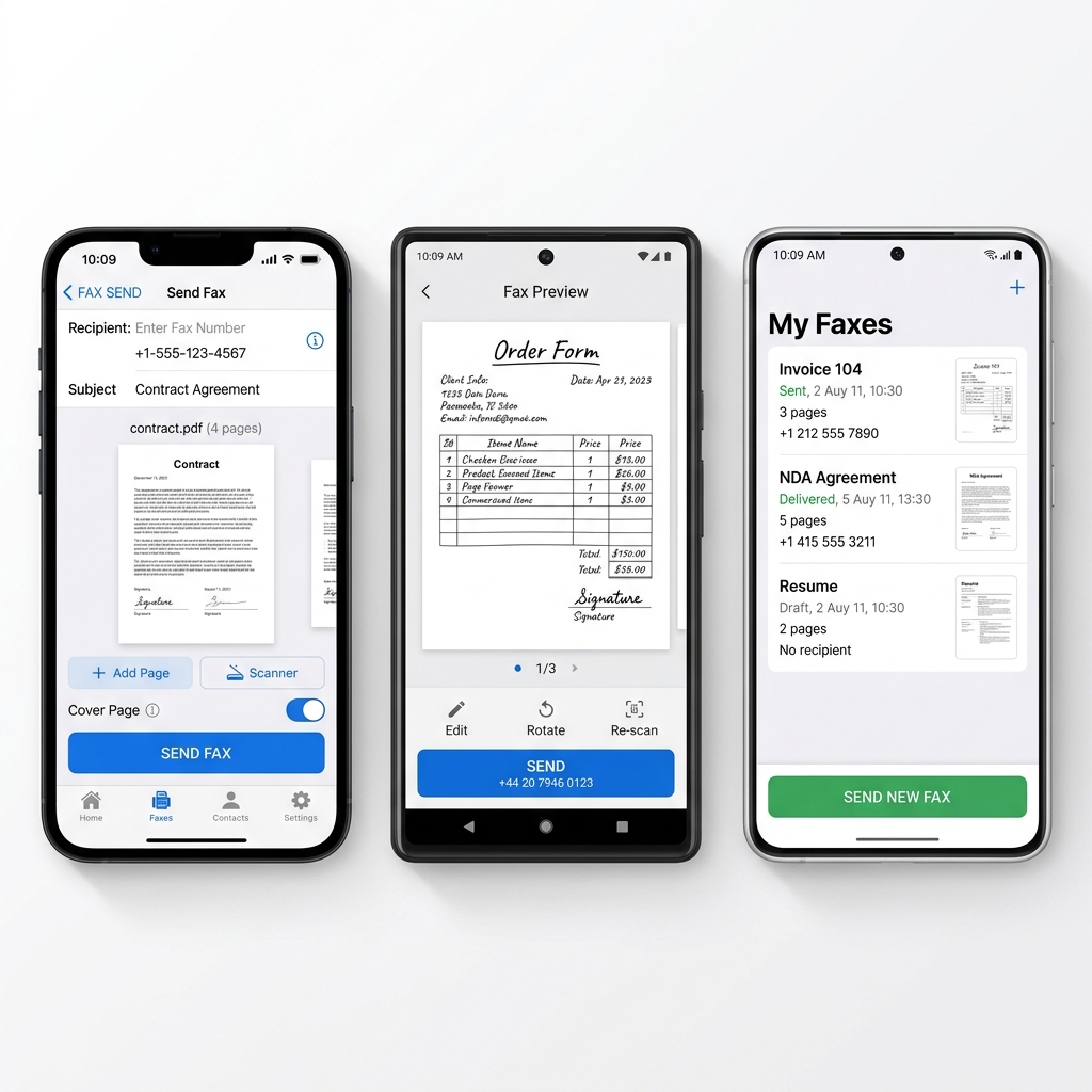 Three smartphones showing different fax app interfaces with send buttons and document previews