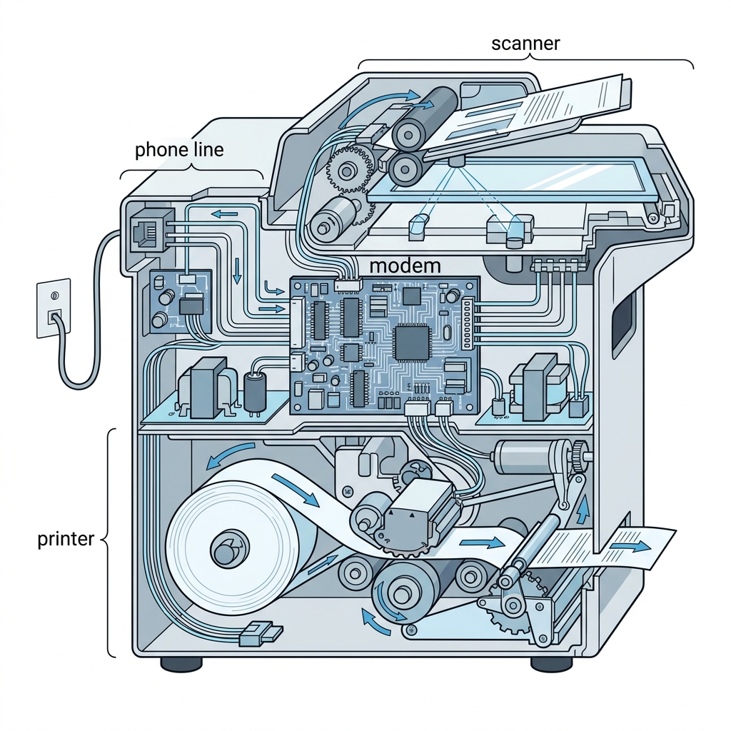Cross-section diagram showing the internal components of a fax machine including scanner, modem, and printer