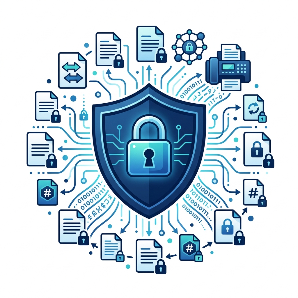 Shield with lock icon surrounded by encrypted document icons representing fax security