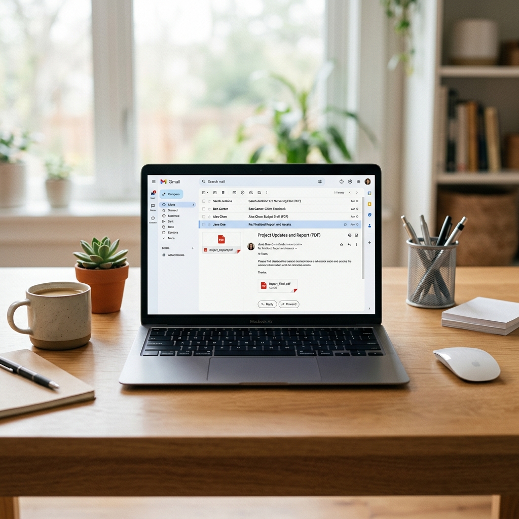 Gmail inbox on a laptop screen showing PDF document attachments for fax sending