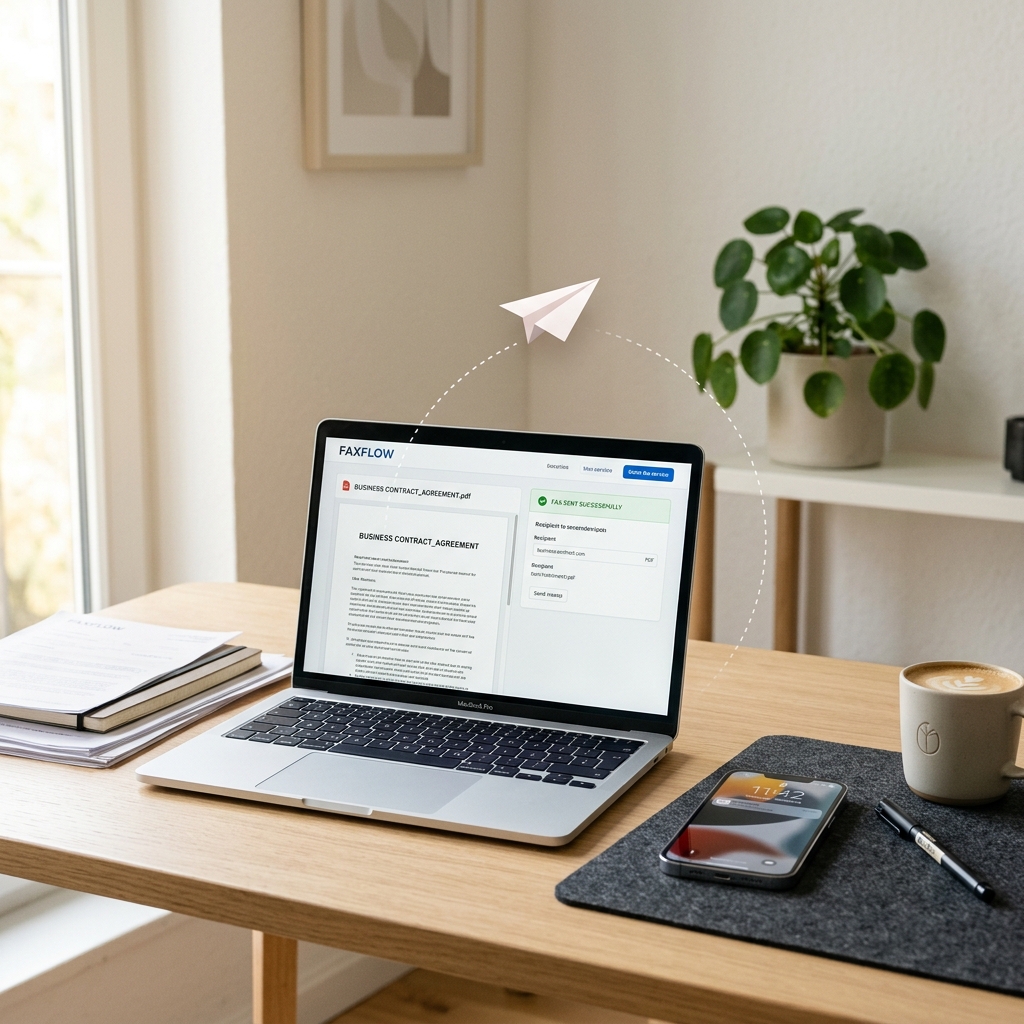 Laptop showing document management interface with organized files and folders
