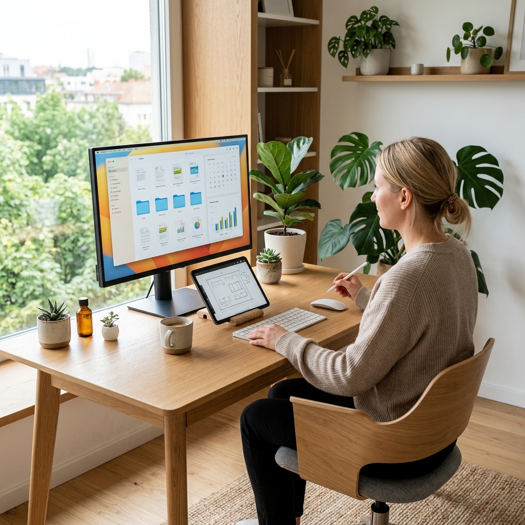 Modern paperless office workspace with digital documents displayed on monitor and tablet