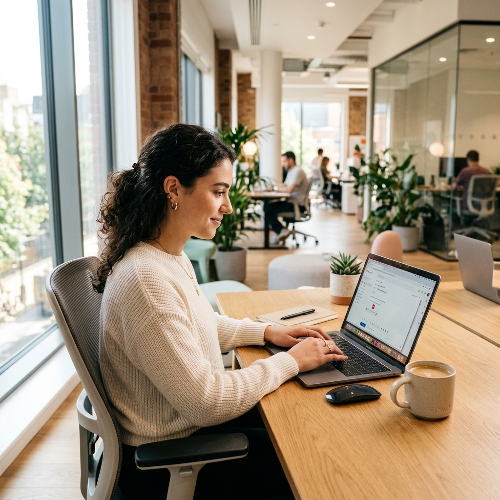 Person sending a fax from a laptop in a modern bright coworking office